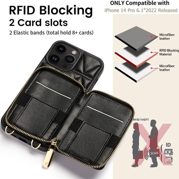 📱 iPhone 14 Pro Case Wallet Card Holder 360 Ring, Stand, Leather, Crossbody NWT - Picture 3 of 6